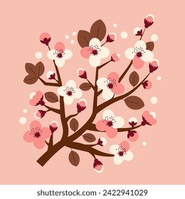 Árbol de cerezo en flor. Flor de cerezo rosa rama de árbol Sakura. Ilustración vectorial plana. Flores rosadas sakura en segundo plano en primavera