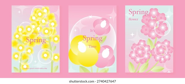 Spring cherryblossom and daisy flowers vector poster illustration with pink yellow white colors. Modern decorative design for greeting cards, wall art, covers, and seasonal templates.