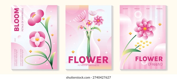 Spring cherryblossom and tulip flowers vector poster illustration with pink white softblue colors. Modern decorative design for greeting cards, wall art, covers, and seasonal templates.