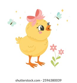 Spring Chick with Bow and Flowers, Cute Easter Illustration for Cards and Prints