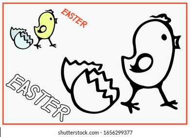 Spring chick Easter coloring page for little preschoolers. Outline drawing of a cute cockerel boy emerged from an egg shell. An example of coloring in smaller sizes. Easter text.