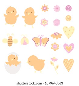 pollo primaveral con flores, corazones y bichos en el fondo blanco