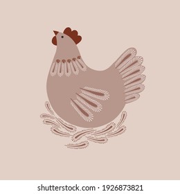 Spring chicken in nest folksy vector illustration. Nesting hen bird decorative design for Spring Easter greeting. Vector folklore illustration for card poster wall art home decor