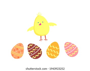 Spring chicken.Cute easter chicken  with colorful easter eggs on white isolated background.Vector illustration.