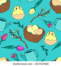pollos y huevos de primavera, ramas de sauce, lata de riego, patrón sin costura vectorial sobre un fondo azul, ilustración al estilo doodle