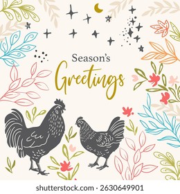 Spring Chickens with Plants Vector Frame Background