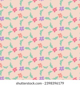 Spring childish seamless pattern with flowers. Hand drawn elements in childish cut out style on peach background. Trendy print design for textile, wallpaper, interior decoration