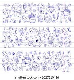 Spring children banners Kids play and grow. Kindergarten, school. Easter celebration with children. Bunny, rabbt, bird, boys and girls