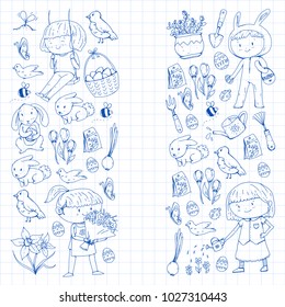 Spring children banners Kids play and grow. Kindergarten, school. Easter celebration with children. Bunny, rabbt, bird, boys and girls