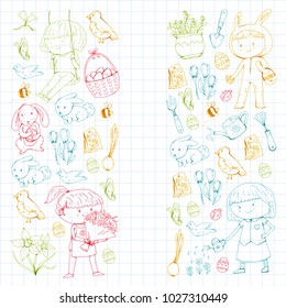 Spring children banners Kids play and grow. Kindergarten, school. Easter celebration with children. Bunny, rabbt, bird, boys and girls