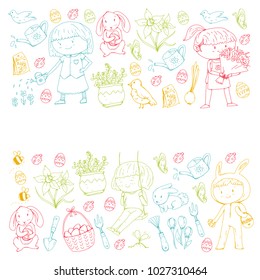 Spring children banners Kids play and grow. Kindergarten, school. Easter celebration with children. Bunny, rabbt, bird, boys and girls