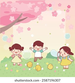 Spring, Children's Day, Cute, Pleasant, Kids, Flowers, Nature, Field, Character, Vector, Guide, Frame, Education, Playroom,