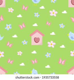 Spring children's seamless pattern of delicate light colors with a birdhouse, bird, butterflies and flowers. Template, blank for textiles, wallpaper, cover art, design, postcards, invitations, ect