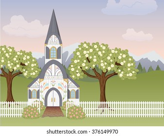 Spring church scene. A landscape scene with a country church, picket fence, and flowering trees and bushes. Soft, pastel colors perfect for spring and Easter.