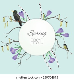 Spring circle banner with birds and flowers