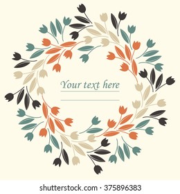 Spring circle frame with decorative tulip flowers and leaves can be used for greeting card, baby shower or wedding invitation, cover and more designs.