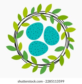 Spring circle green leaf nest with eggs. Vector illustration.