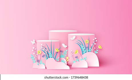 Spring circle stage podium scene decorated with flower, leaves, grass and butterfly flying Spring stage podium. Paper cut and craft style. vector, illustration.