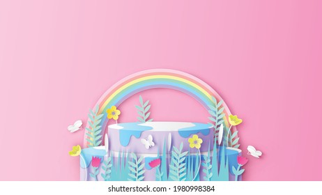 Spring circle stage podium scene decorated with flower, leaves, grass and butterfly flying. Spring stage podium. Paper cut and craft style. vector, illustration.