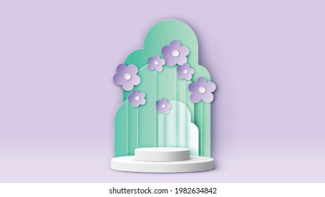 Escena de podio en el escenario del círculo de primavera decorada con flor y espacio en blanco. Escena de jardín adornada con flores. Plantilla de simulación de primavera. corte de papel y estilo artesanal. vector, ilustración.