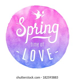Spring circle watercolor label. Handwritten text and swallow with tulip on vivid background. Vector illustration.