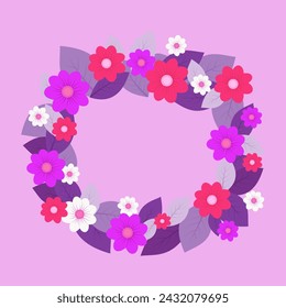 Corona circular con flores y hojas. Ilustración vectorial plana