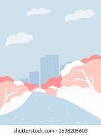 Spring city with cherry blossom trees near river. Buildings on skyline. Hanami - asian sakura festival