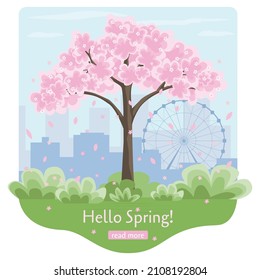 Spring in the city with cherry blossoms. Hello spring poster or webpage. Flat vector illustration