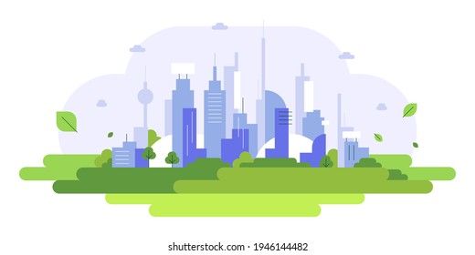 Spring city. Green urban life. Fresh day landscape with skyscrapers and green trees. Flat illustration, vector file.