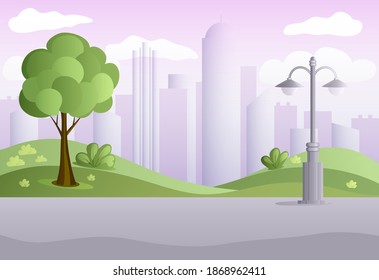Paisaje de la ciudad de primavera Antecedentes de estilo plano con edificios arbustos de parque nubes de linternas