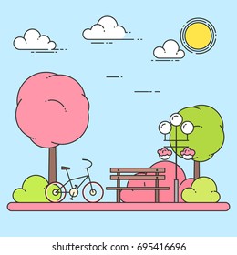 Spring city landscape with bench and bicycle in central park isolated on blue background. Flat line vector illustration.