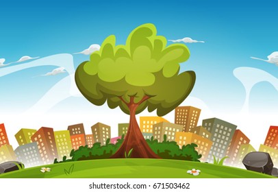 Spring City Landscape/
Illustration of a cartoon spring or summer season urban landscape, with tree, green field and skyscrapers background