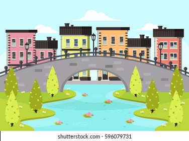 Spring City Landscape. Old Town by the River. Flat Design Style. 