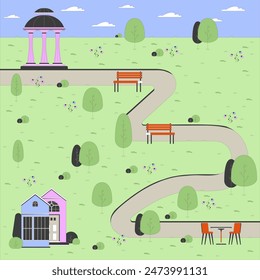 Spring city park cartoon flat illustration. Comfortable place to rest on nature at urban area 2D line landscape colorful background. Public garden waiting for guests scene vector storytelling image