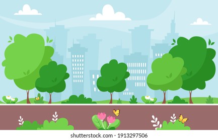 Spring city park. Cityscape. Vector illustration