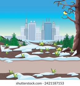 Spring in the city park. Spring landscape with melting snow and the first flowers in the park against the backdrop of a big city with skyscrapers. Vector illustration.