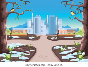 Spring in the city park. Spring landscape with melting snow and the first flowers in the park against the backdrop of a big city with skyscrapers. Vector illustration.