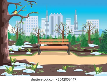 Primavera en el parque de la ciudad. Paisaje de primavera con nieve derretida y las primeras flores en el parque con el telón de fondo de una gran ciudad con rascacielos. Ilustración vectorial.