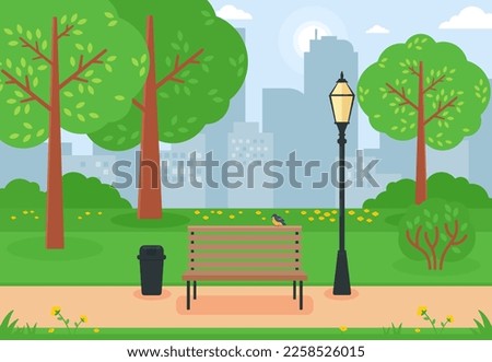 spring city park panorama vector illustration, City park with green trees