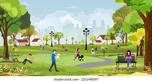 Paisaje de los parques de la ciudad de primavera, familia divertida en la mañana, estilo de vida de los dibujos animados Vectores Personas relajándose en la hermosa naturaleza en el parque urbano, CityScape con gente haciendo actividades al aire libre en verano