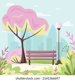 Spring city park with city silhouette. Blossom tree and bush, flower, bench and lantern in city park, holidays concept. Urban outdoor. Vector illustration in flat style