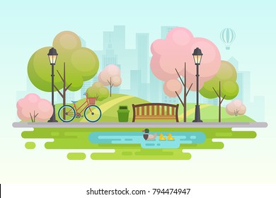 Spring City Park.Vector Illustration.