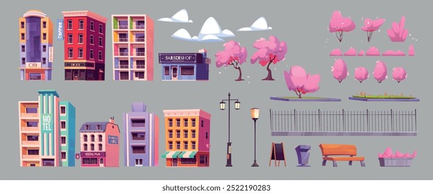 Spring city street building, bush and tree png set. Miami apartment, resort hotel and restaurant vector objects. Flowerbed for urban illustration. Town wooden bench and fence isolated elements