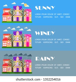 Spring city in sunny and rainy weather. Night and day. Flowering trees in the street. Background for the site.