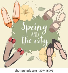 Spring and the city vector illustration with shoes, leaves and flowers