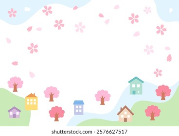 Spring cityscape background with flying cherry blossoms, vector illustration