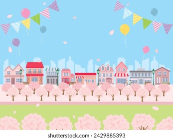 Spring cityscape with cherry blossoms blooming.  vector illustration. 