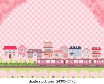 Spring cityscape with cherry blossoms blooming.  vector illustration. 