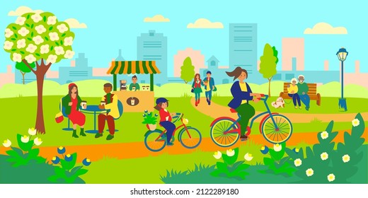 Spring cityscape. Coffee kiosk on background Young couple walk in spring park and drink coffee Senior couple and their dog sitting on bench Woman with daughter riding a bakes with a kite.