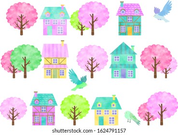Spring cityscape icon set hand-painted watercolor style
